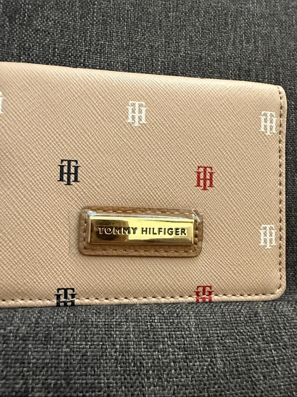 Tommy Hilfiger Beige Monogram Card Holder with Gold Plaque